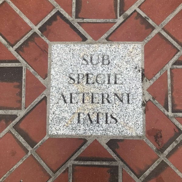 Ordene Sub specie aeternitatis inngravert på en grå kvadratisk stein som er satt inn i teglsteinsfliser på gulvet på Dragvoll Campus, Trondheim.